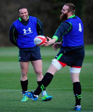 Wales' Jamie Roberts and Jake Ball enjoy training, Cardiff, February 4, 2015