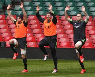 Wales' Sam Warburton, George North and James King go through their paces in the captain's run, Millennium Stadium, February 5, 2015