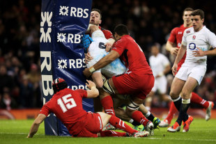 James Haskell batters into the post as the Wales defence scrambles to cover, Wales v England, Six Nations Championship, Millennium Stadium, Cardiff, February 6, 2015