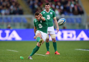 Ian Keatley kicks for goal for Ireland, Italy v Ireland, Six Nations, Stadio Olimpico, Rome, Italy, February 7, 2015