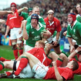 Paul O''Connell celebrates his try, Ireland v Wales, Six Nations, Lansdowne Road, 3 February, 2002