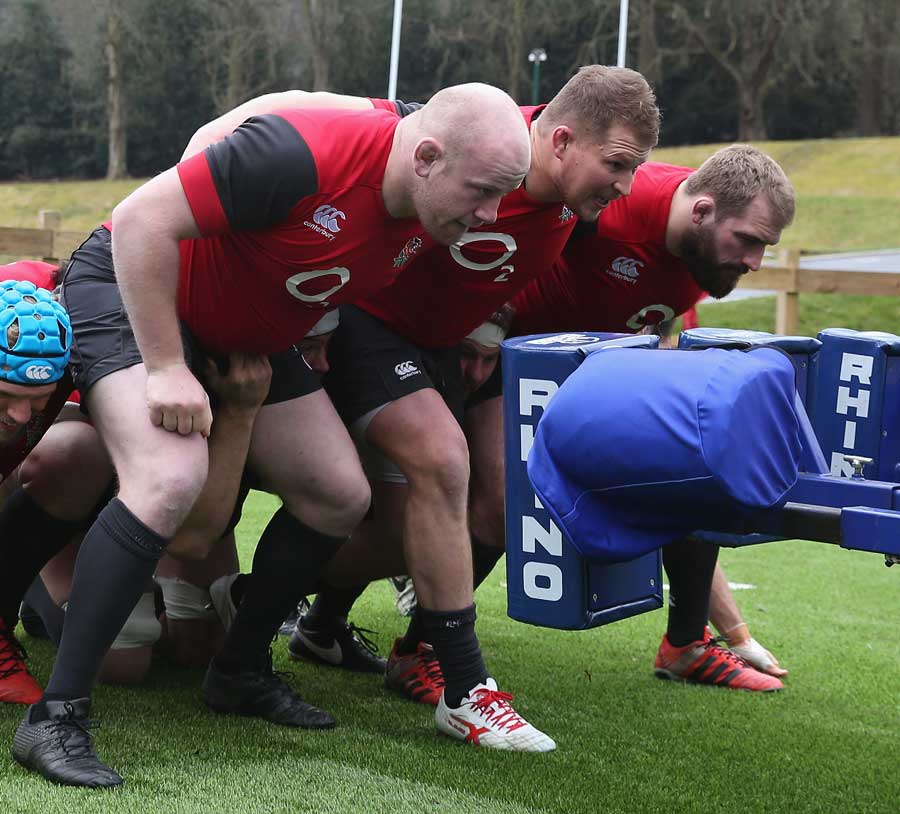 The England front-row of Dan Cole, Dylan Hartley and Joe Marler prepare for Italy