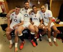 George Ford, Dave Attwood, Anthony Watson and Jonathan Joseph celebrate England's win