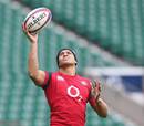 England's Jonathan Joseph takes a high ball in training ahead of his first Test start at Twickenham