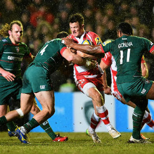 Billy Burns is tackled by Adam Thompstone, Leicester Tigers v Gloucester Rugby, Aviva Premiership, Welford Road, February 13, 2015