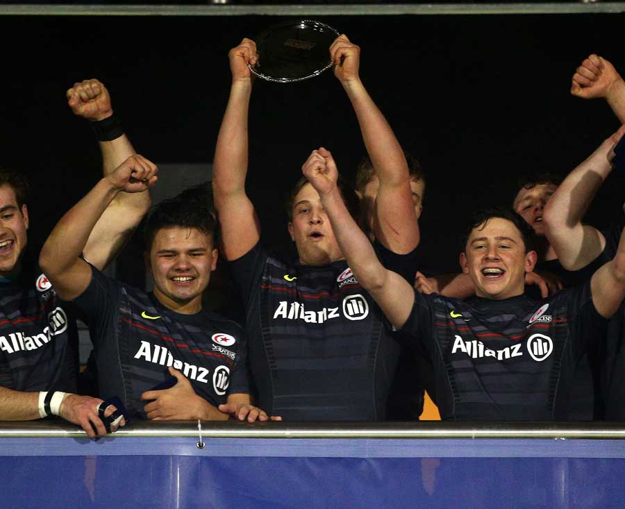 Saracens celebrate winning the Premiership Rugby/RFU U18 Academy Finals Day