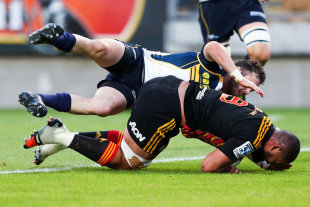Desperate Rob Coleman tackle knocks the ball out of Maama Vaipulu of the Chiefs as he dives over the tryline, Chiefs v Brumbies, Super Rugby, New Plymouth, New Zealand, February 20, 2015