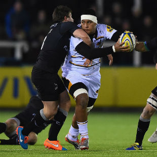 Wasps' Nathan Hughes is tackled by Adam Powell of Newcastle, Newcastle Falcons v Wasps, Aviva Premiership, Kingston Park, February 20, 2015