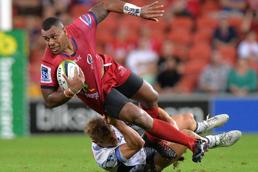 Queensland's Samu Kerevi takes a tackle