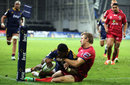 Waisake Naholo of the Highlanders touches down for a try