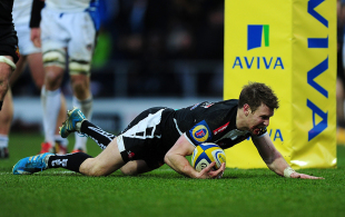 Will Chudley dives over for a try, Exeter Chiefs v Bath Rugby, Aviva Premiership, Sandy Park, February 28, 2015