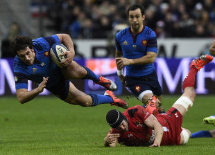 Sam Warburton brings down Camille Lopez with a superb tap tackle, France v Wales, Six Nations Championship, Stade de France, Paris, France, February 28, 2015