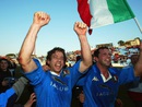 Diego Dominguez and Alessandro Troncon celebrate victory over Wales