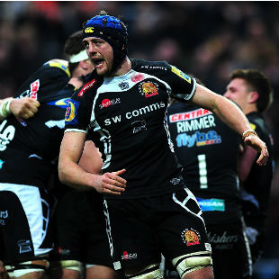 Dean Mumm celebrates a try scored by Will Chudley, Exeter Chiefs v Bath Rugby, Aviva Premiership, Sandy Park, February 28, 2015