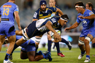 The Brumbies' Rory Arnold is cut down, Brumbies v Force, Canberra, March 6, 2015