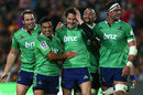 Marty Banks is congratulated by his Highlanders team-mates