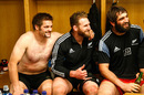 Richie McCaw, Kieran Read and Sam Whitelock of the All Blacks in the dressing room following their win over Wales