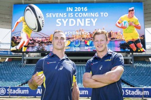 Australian Sevens' players Ed Jenkins and Cameron Clark announce Sydney as the new home of the Australian leg of the World Sevens Series, World Sevens Series, Allianz Stadium, Sydney, March 9, 2015