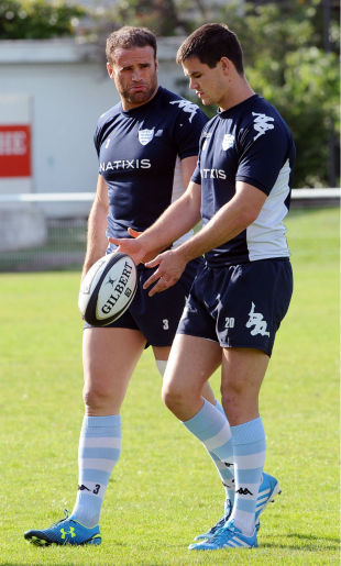 Jamie Roberts and Johnny Sexton chat during Racing Metro training, Frederic Estebe Stadium, Toulouse, France, May 8, 2014