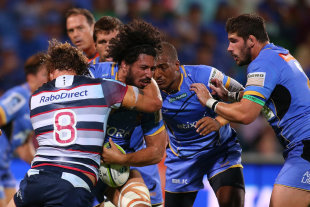 Western Force captain Sam Wykes takes on the Rebels' defence, Western Force v Melbourne Rebels, Super Rugby, nib Stadium, Perth, March 13, 2015