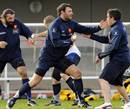 France captain Lionel Nallet gets to grips with a team mate in training