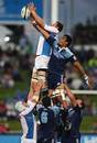 The Cheetahs' David de Villiers and the Blues' Jerome Kaino compete for a lineout ball