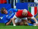 Wales' Tom Shanklin scores a try against Italy