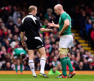 Ireland captain Paul O'Connell, on his 100th appearance for his country, seeks an explanation from referee Wayne Barnes, Wales v Ireland, Six Nations, Millennium Stadium, Cardiff, March 14, 2015