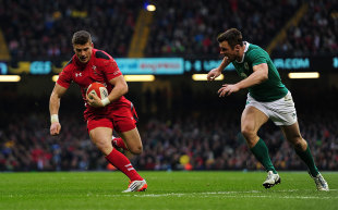 Scott Williams bursts clear to score for Wales, Wales v Ireland, Six Nations, Millennium Stadium, Cardiff, March 14, 2015