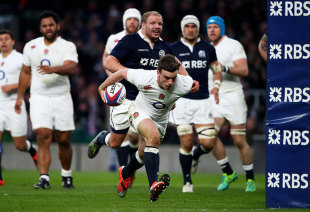 George Ford lunges for the line to score England's second try, England v Scotland, Six Nations, Twickenham, London, March 14, 2015