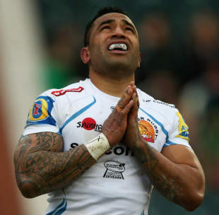 Exeter's Fetu'u Vainikolo celebrates his try, Leicester Tigers v Exeter Chiefs, LV Cup, Welford Road, March 15, 2015