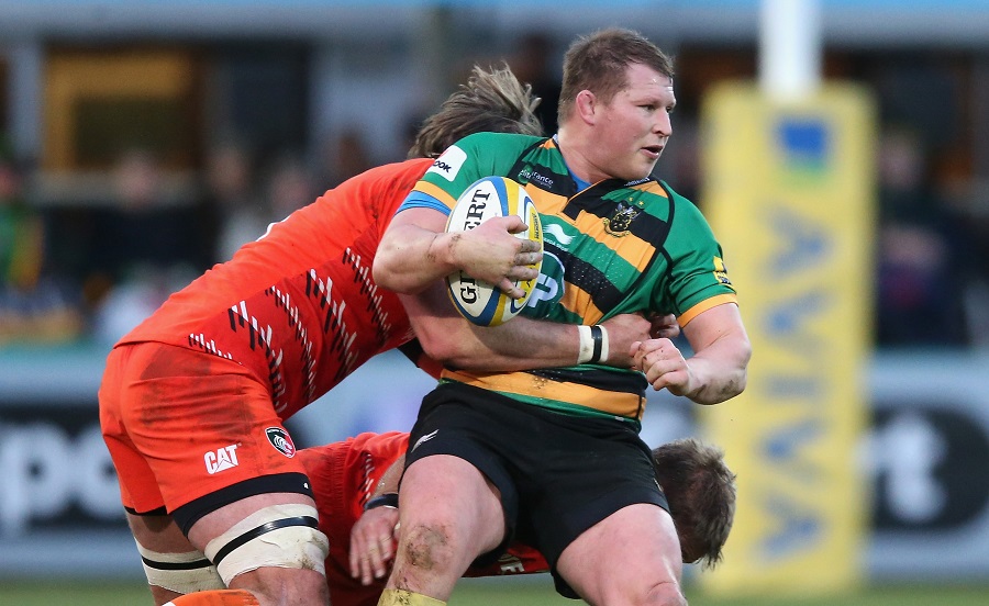 Nothampton captain Dylan Hartley is tackled by Leicester lock Geoff Parling 