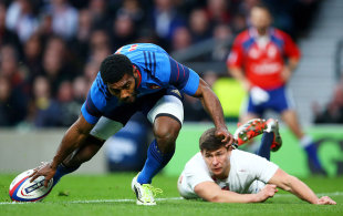 Noa Nikaitaci just about manages to touch down for a try despite Ben Youngs efforts, England v France, Six Nations, Twickenham, London, March 21, 2015