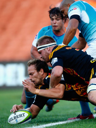 The Chiefs' Sam Cane drives Andrew Horrell over for a try, Chiefs v Cheetahs, Super Rugby, Waikato Stadium, Hamilton, March 28, 2015