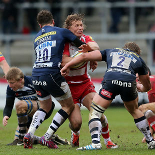 Billy Twelvetrees is tackled by Danny Cipriani, Sale Sharks v Gloucester Rugby, Aviva Premiership, AJ Bell Stadium, March 29, 2015