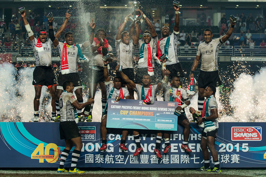 Fiji celebrate their Hong Kong Sevens title