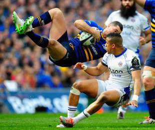 Anthony Watson's tackle sends Rob Kearney flying, Leinster v Bath, Champions Cup, Dublin, April 4, 2015