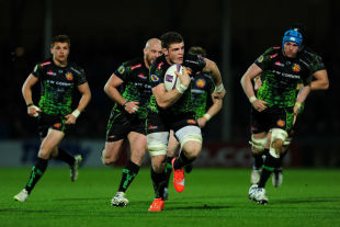 Dave Ewers of Exeter Chiefs (c) makes a break during the European Rugby Challenge Cup match between Exeter Chiefs and Newcastle Falcons at Sandy Park on April 4, 2015 in Exeter, England. (Photo by Dan Mullan/Getty Images)