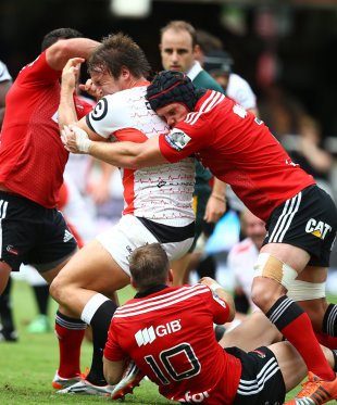 Andre Esterhuizen is taken down by the Crusaders' defence, Sharks v Crusaders, Super Rugby, Growthpoint Kings Park, March 4, 2015