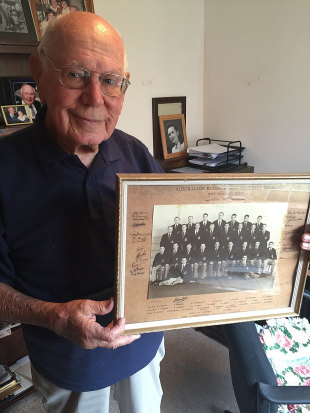 Australia's oldest living Wallaby, Eric Tweedale, shows off his 1946 NZ tour photo, March 28, 2015