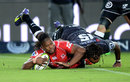Howard Mnisi of the Lions dives over for his try 