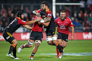 Jordan Taufua of the Crusaders is tackled by Liam Messam of the Chiefs, Crusaders v Chiefs, Super Rugby, AMI Stadium, Christchurch, April 17, 2015