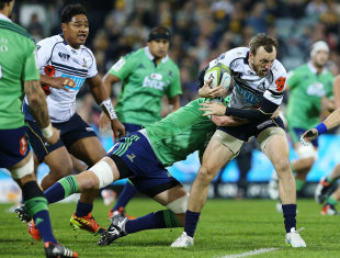Jesse Mogg of the Brumbies takes on the Highlanders defence, Brumbies v Highlanders, Super Rugby, GIO Stadium, Canberra, April 24, 2015