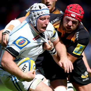 Thomas Waldrom of Exeter Chiefs is challanged by James Haskell of Wasps, Wasps v Exeter Chiefs, Aviva Premiership, Ricoh Arena, April 26, 2015