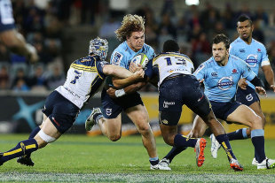 The Waratahs' Michael Hooper charges at the defence, Brumbies v Waratahs, Canberra, May 1, 2015