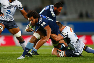 The Blues' Steven Luatua is tackled, Blues v Force, Auckland, May 2, 2015