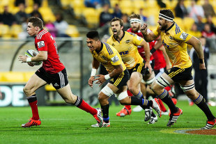 The Crusaders' Colin Slade slides through the defence, Hurricanes v Crusaders, Wellington, May 2, 2015