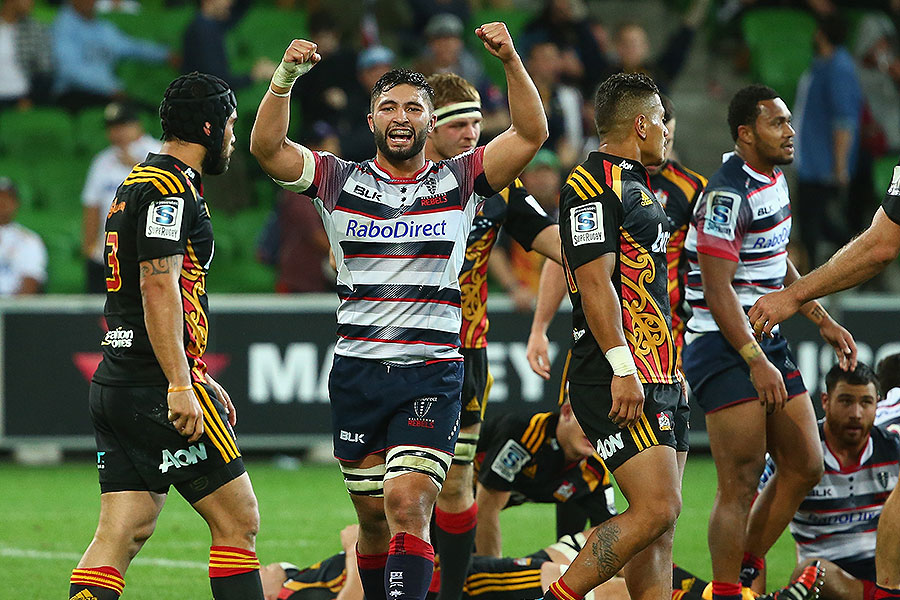 The Rebels' Colby Faingaa celebrates his side's victory