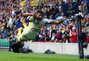 Wesley Fofana flies over the line for the first try of the Champions Cup final