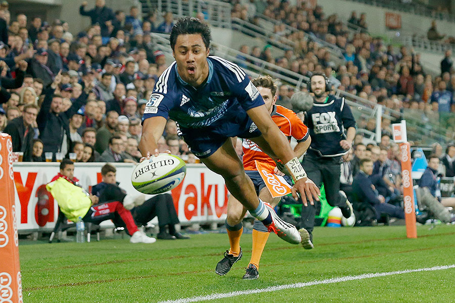 The Blues' Melani Nanai flies over for a try